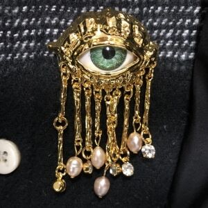 Schiaparelli Dali Inspired Eye Brooch Goldtone Green Costume Jewelry Whimsical